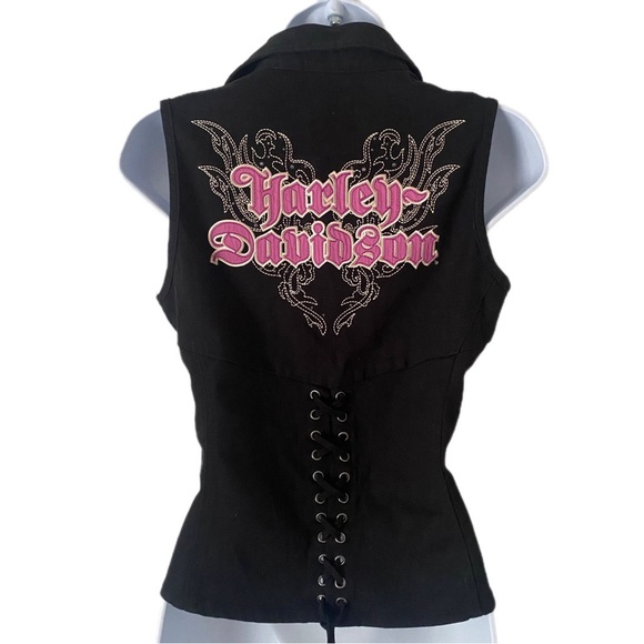 Harley-Davidson Y2K Zip-Up Corset Lace Vest Rhinestone Embroidered Pink Black- S - Picture 6 of 11